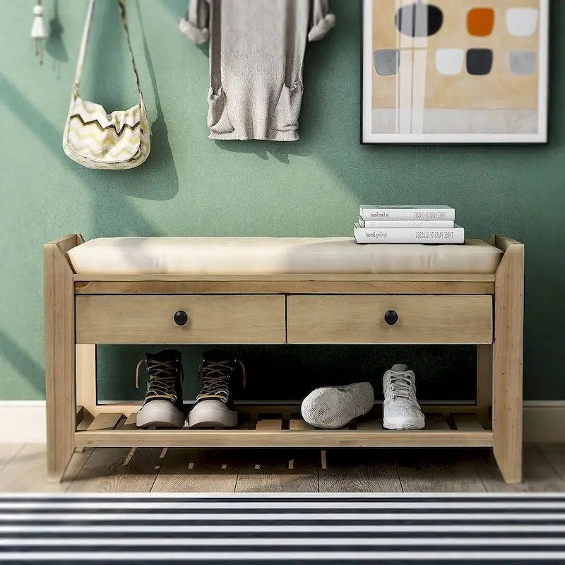 Banc de rangement pour entrée de 43 po avec porte-chaussures, siège rembourré et tiroirs