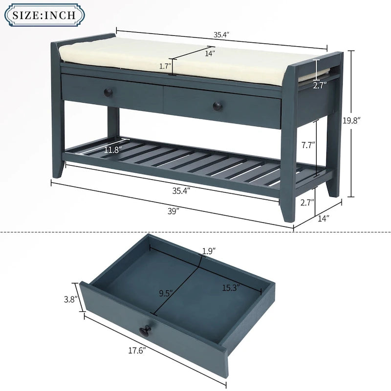 Banc de rangement pour entrée de 43 po avec porte-chaussures, siège rembourré et tiroirs