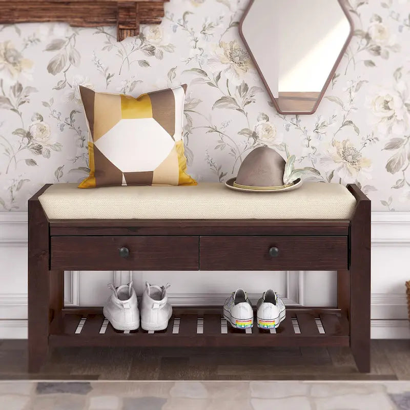 Banc de rangement pour entrée de 43 po avec porte-chaussures, siège rembourré et tiroirs
