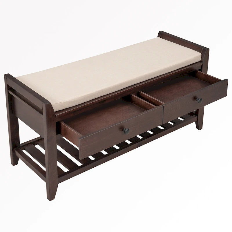 Banc de rangement pour entrée de 43 po avec porte-chaussures, siège rembourré et tiroirs