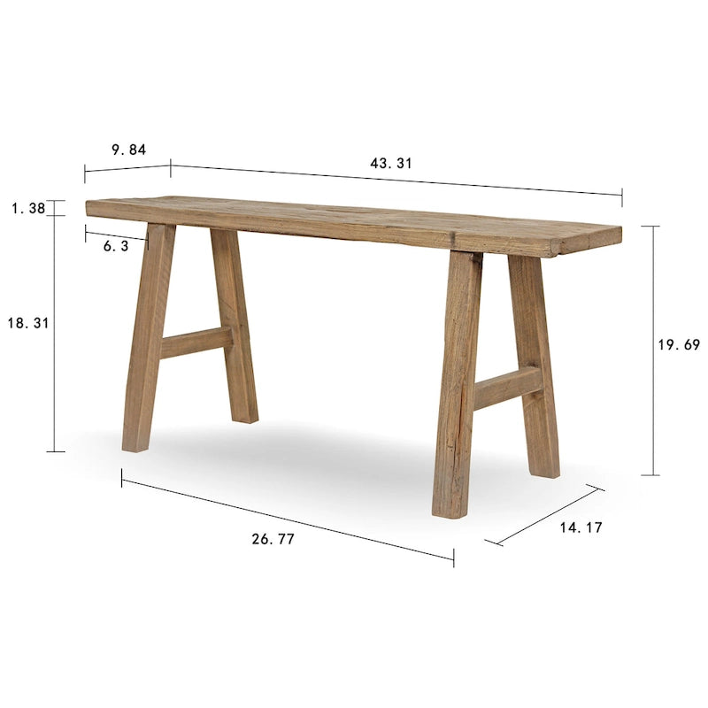 Banc en bois d'orme, 109 cm de long sur 25 cm de large, bois naturel - 2,90 m x 3,94 m