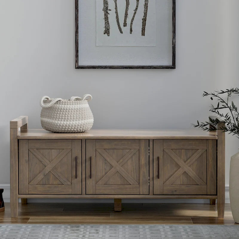 Banc de rangement pour entrée de style transitionnel en bois massif de 44 pouces de largeur, brun fumé
