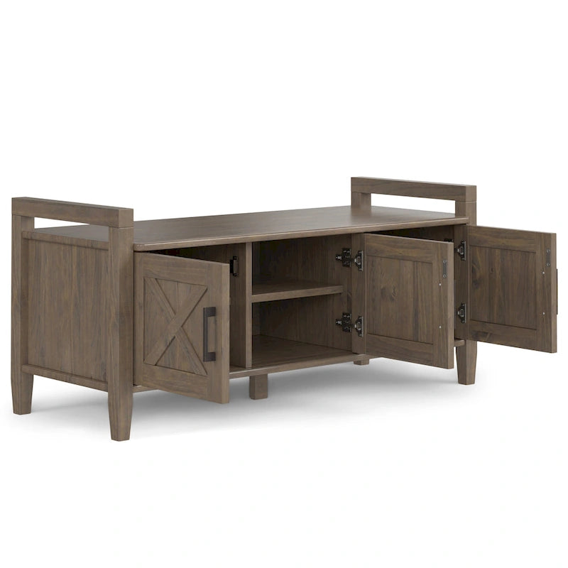 Banc de rangement pour entrée de style transitionnel en bois massif de 44 pouces de largeur, brun fumé