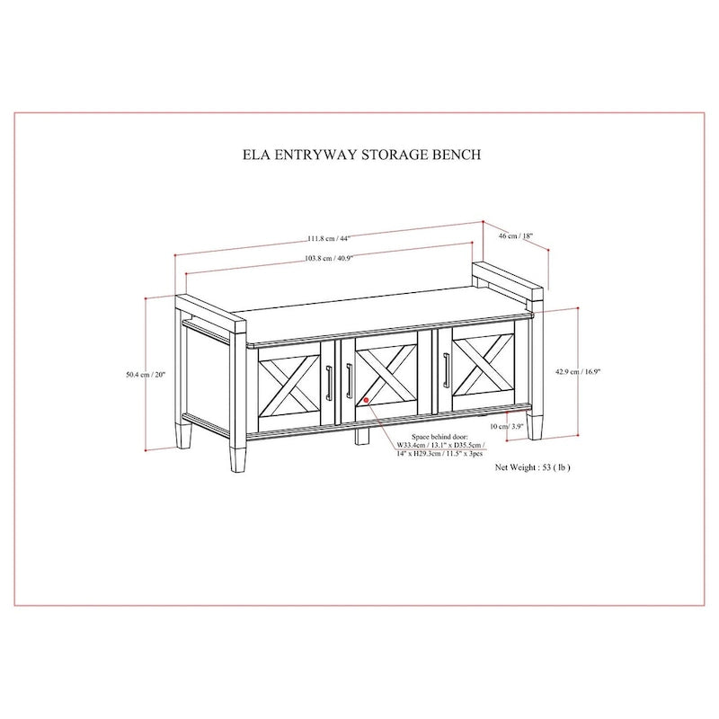 Banc de rangement pour entrée de style transitionnel en bois massif de 44 pouces de largeur, brun fumé