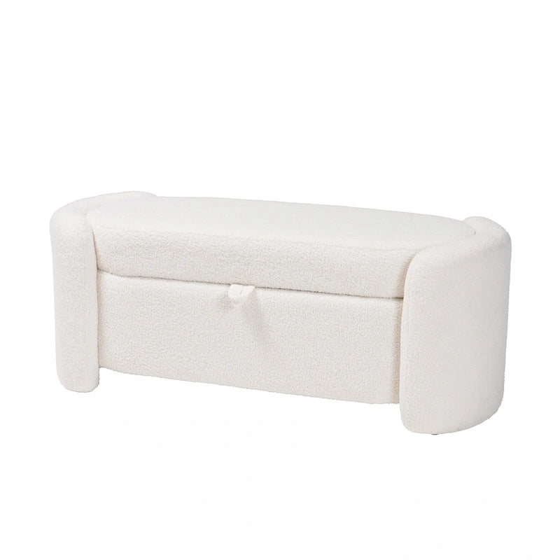 Banc de rangement moderne et contemporain rembourré en bouclette ivoire