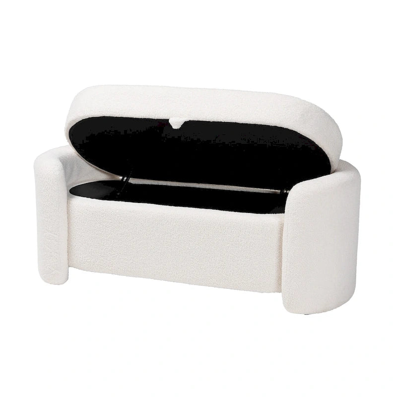 Banc de rangement moderne et contemporain rembourré en bouclette ivoire