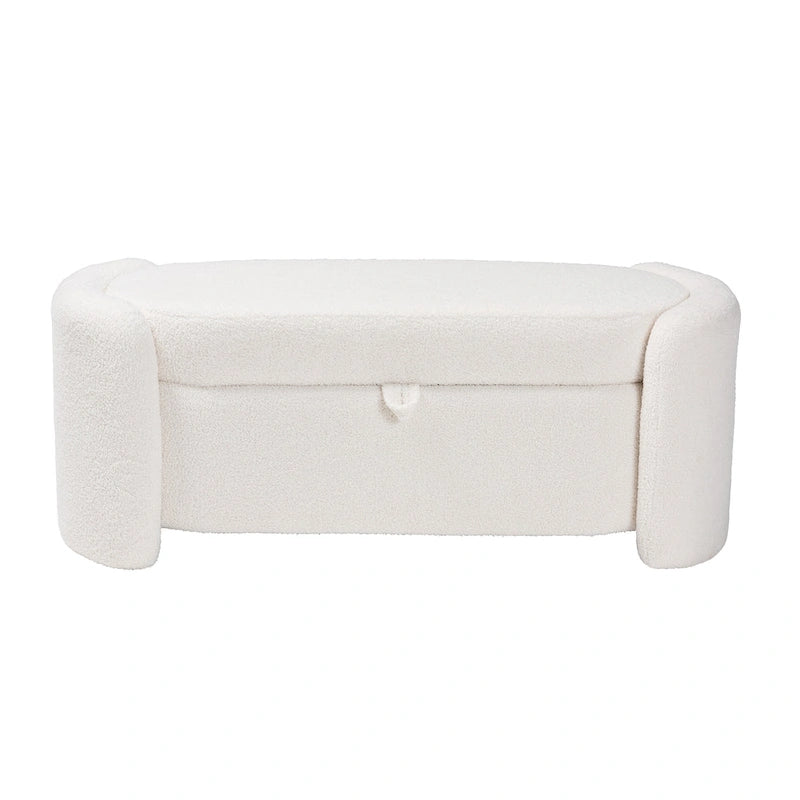 Banc de rangement moderne et contemporain rembourré en bouclette ivoire