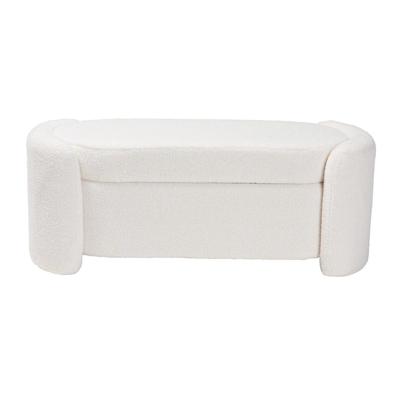 Banc de rangement moderne et contemporain rembourré en bouclette ivoire