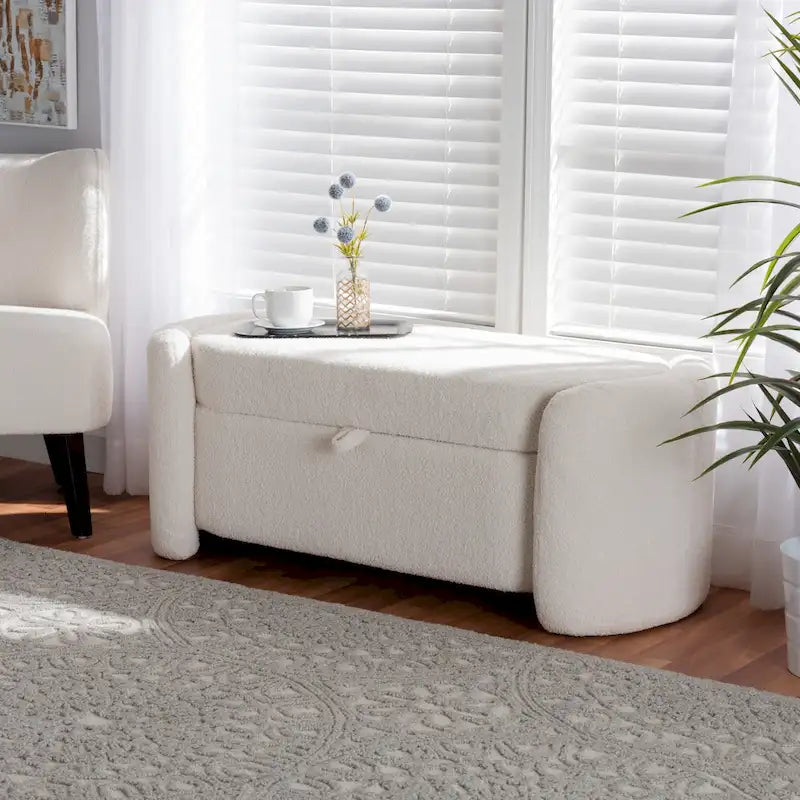 Banc de rangement moderne et contemporain rembourré en bouclette ivoire