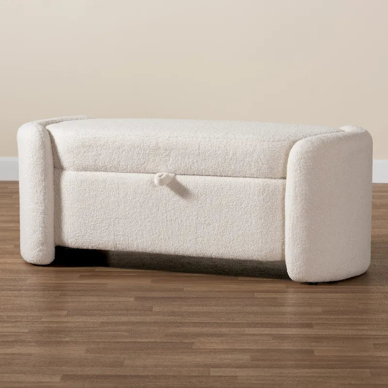 Banc de rangement moderne et contemporain rembourré en bouclette ivoire