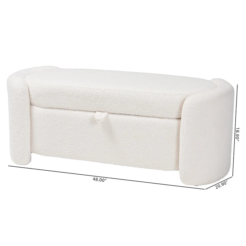 Banc de rangement moderne et contemporain rembourré en bouclette ivoire