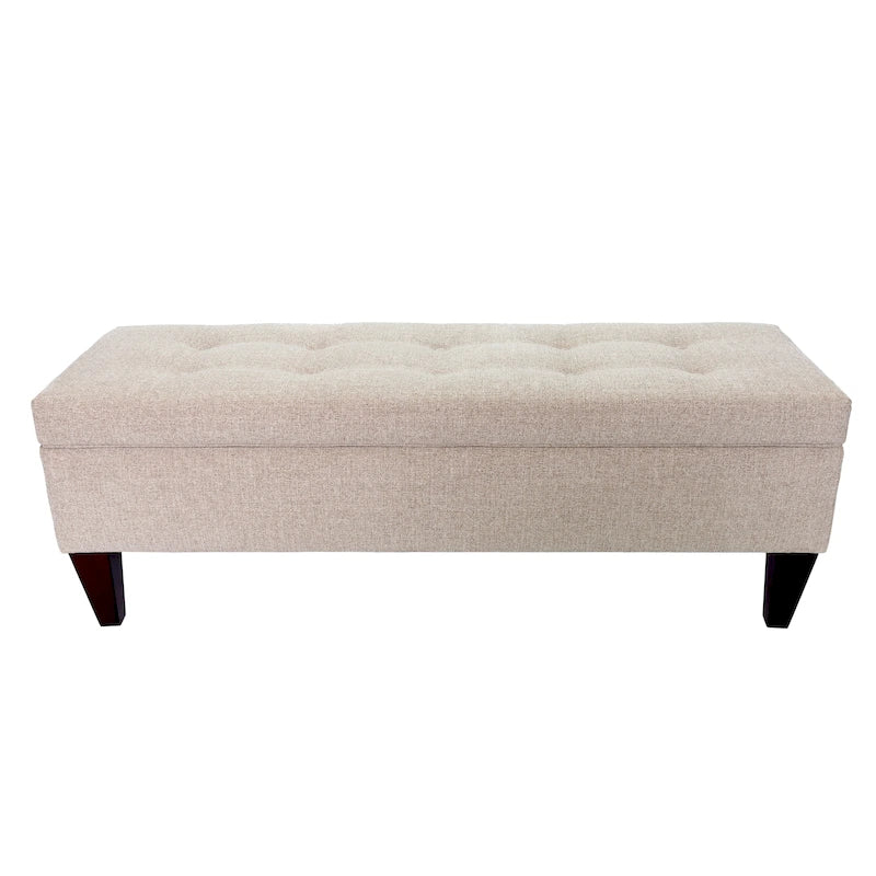 Banc de rangement long capitonné en tissu et bois