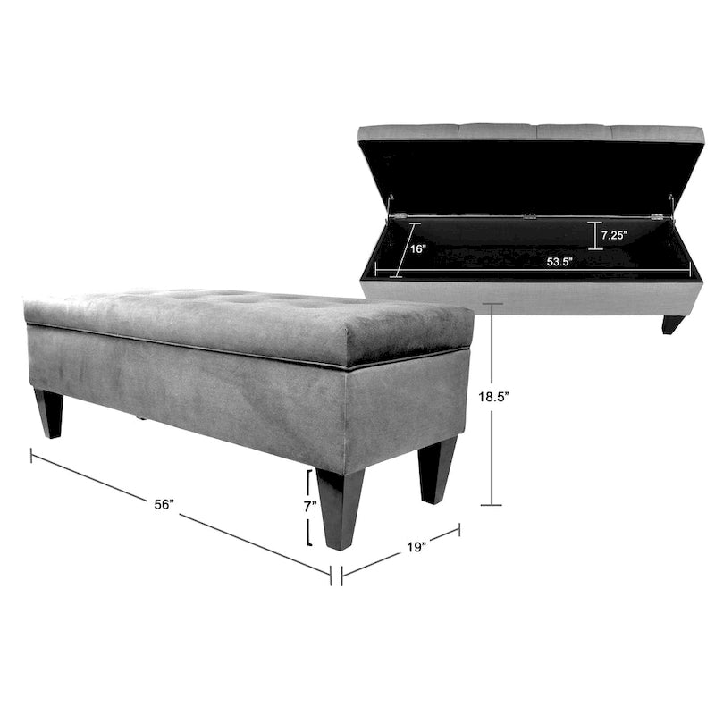 Banc de rangement long capitonné en tissu et bois