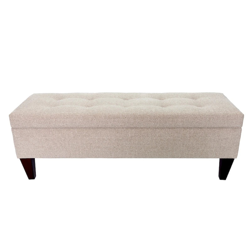 Banc de rangement long capitonné en tissu et bois