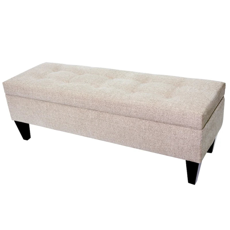 Banc de rangement long capitonné en tissu et bois