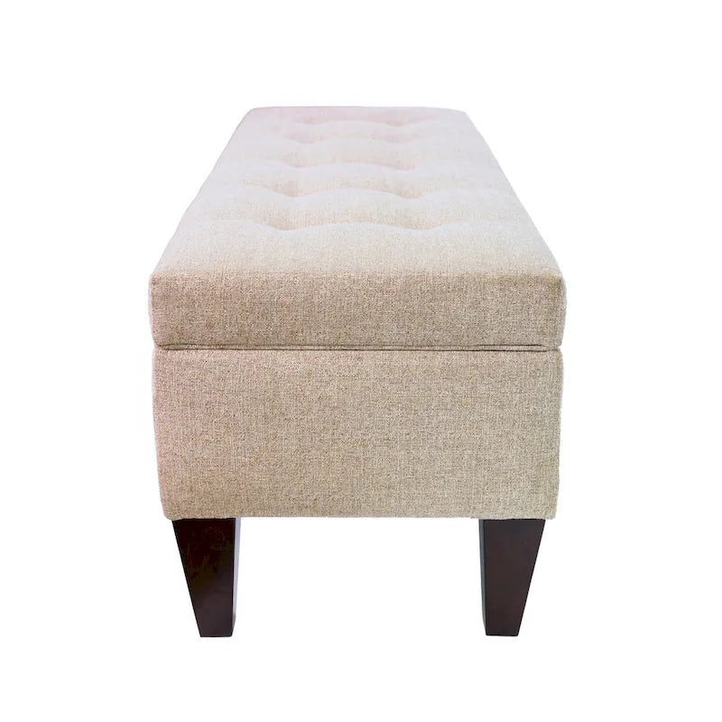Banc de rangement long capitonné en tissu et bois
