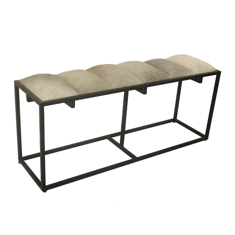 Banc de 50 po L en fer noir, poils synthétiques gris et empiècement en cuir - 50 po x 14 po x 22 po