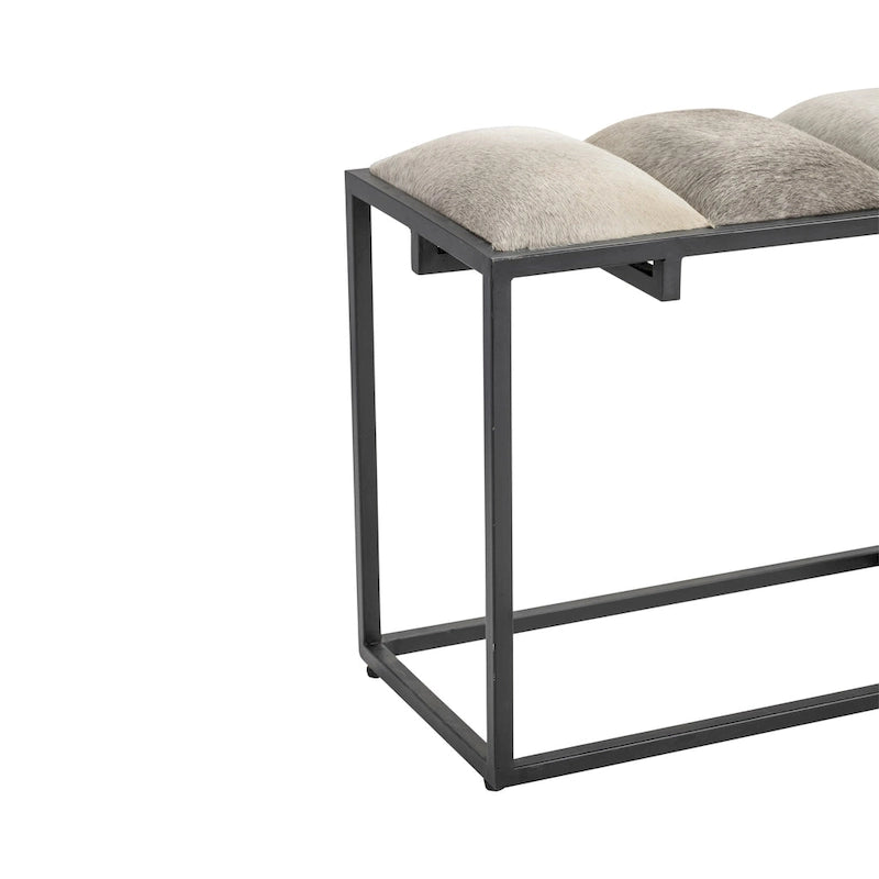 Banc de 50 po L en fer noir, poils synthétiques gris et empiècement en cuir - 50 po x 14 po x 22 po