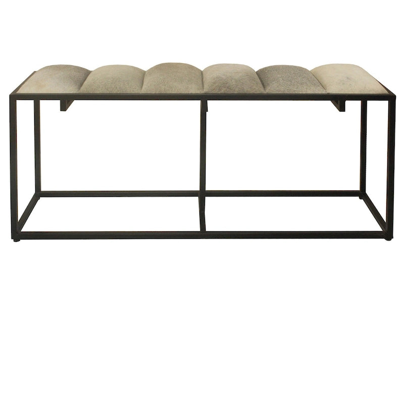 Banc de 50 po L en fer noir, poils synthétiques gris et empiècement en cuir - 50 po x 14 po x 22 po