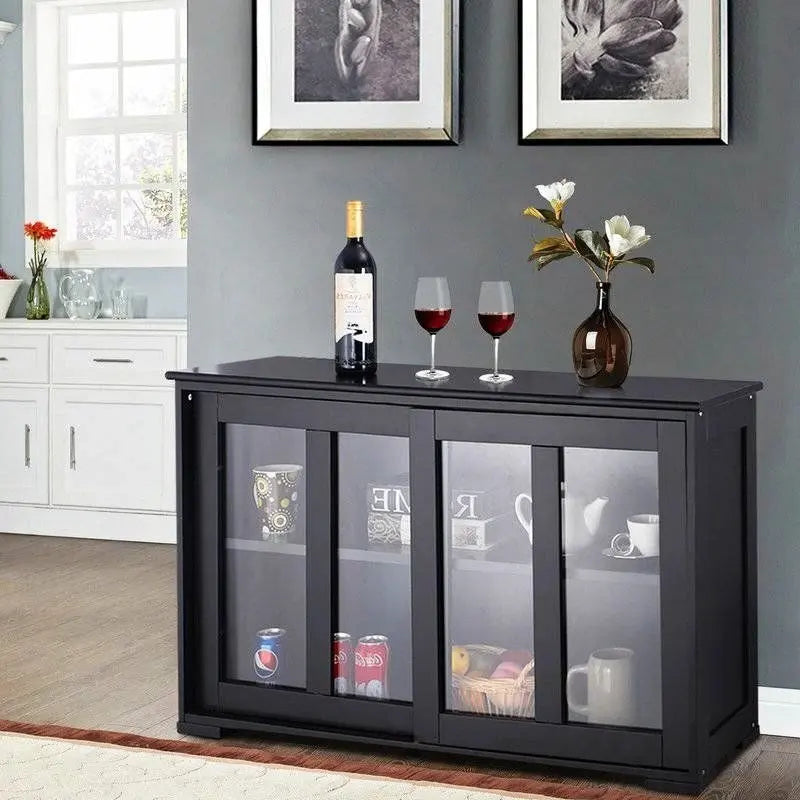 Buffet bahut noir avec 2 portes coulissantes en verre - 62,5 cm H x 106,4 cm L x 33 cm P
