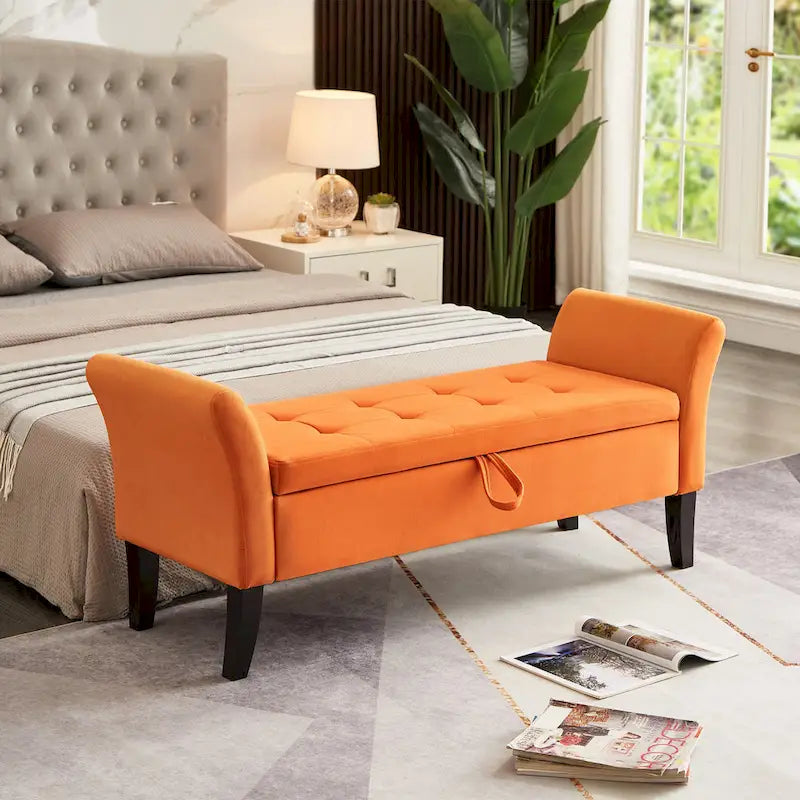 Banc en velours avec rangement de 51,5 po