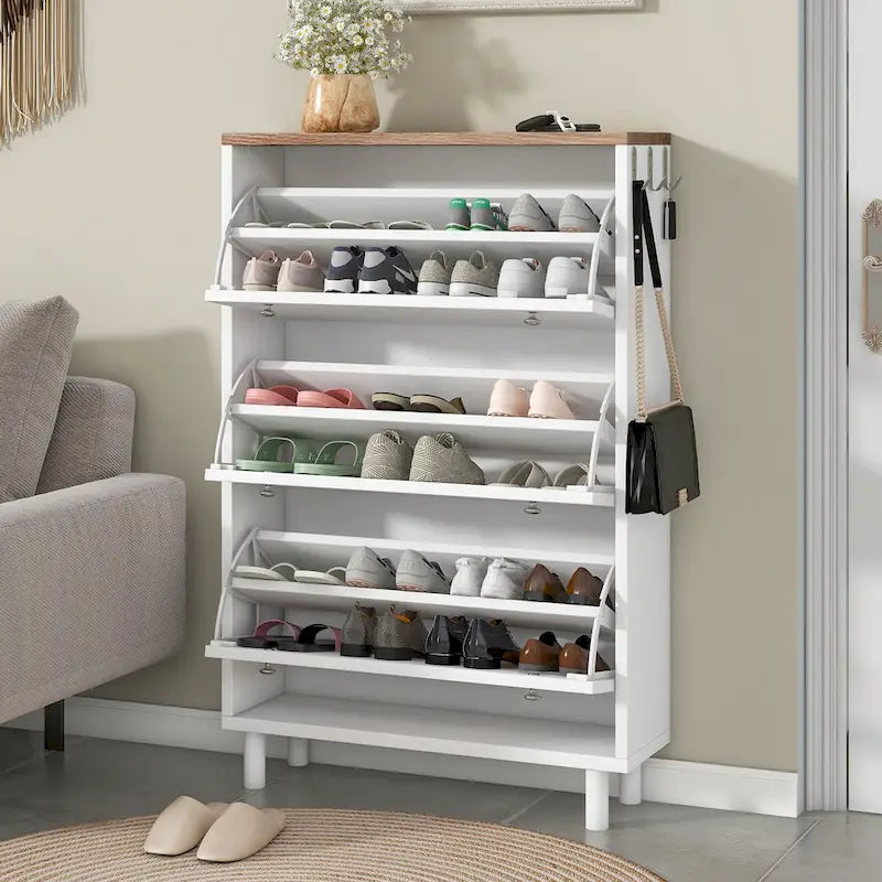 Meuble à chaussures avec 3 tiroirs basculants, motif grain de bois avec 3 crochets, étagère à chaussures sur pied avec panneau réglable