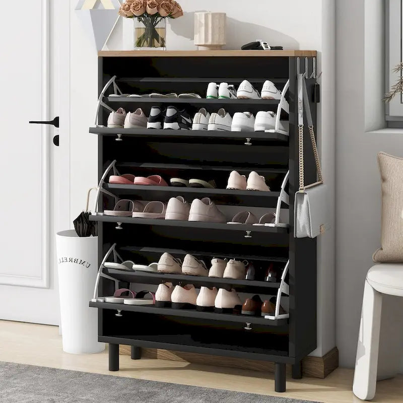Meuble à chaussures avec 3 tiroirs basculants, motif grain de bois avec 3 crochets, étagère à chaussures sur pied avec panneau réglable