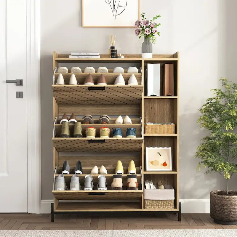 Meuble à chaussures avec 3 tiroirs basculants et étagères ouvertes, meuble de rangement à chaussures moderne et fin pour entrée, range-chaussures étroit caché