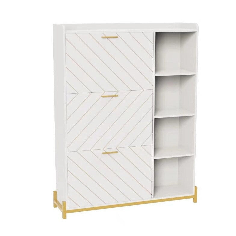 Meuble à chaussures avec 3 tiroirs basculants et étagères ouvertes, meuble de rangement à chaussures moderne et fin pour entrée, range-chaussures étroit caché