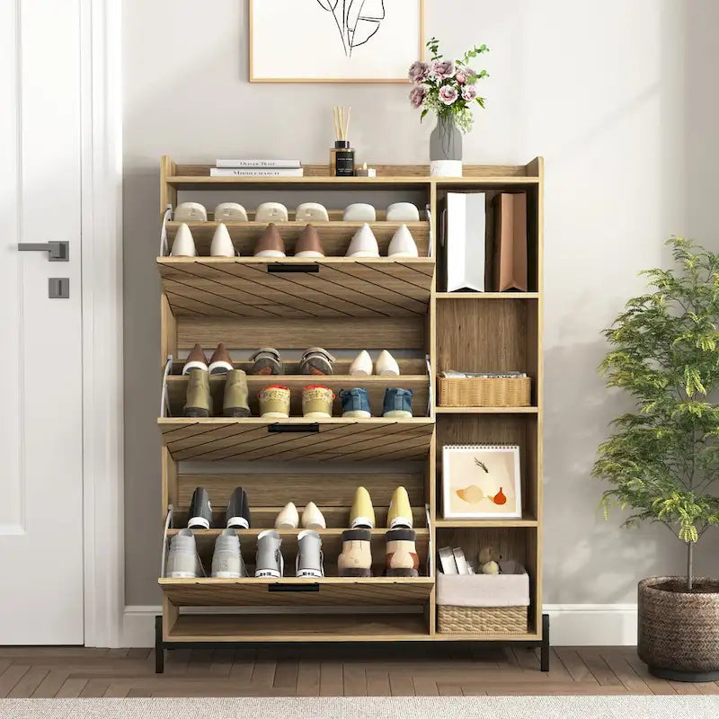 Meuble à chaussures avec 3 tiroirs basculants et étagères ouvertes, meuble de rangement à chaussures moderne et fin pour entrée, range-chaussures étroit caché