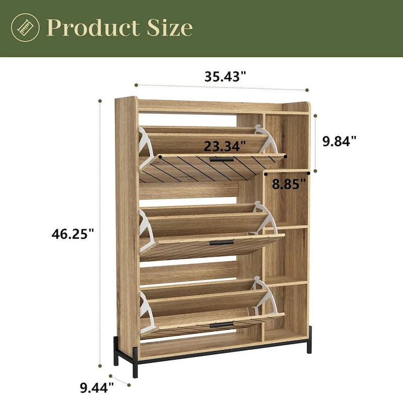 Meuble à chaussures avec 3 tiroirs basculants et étagères ouvertes, meuble de rangement à chaussures moderne et fin pour entrée, range-chaussures étroit caché