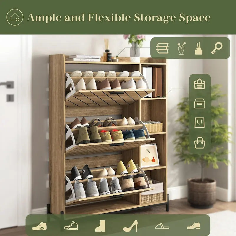 Meuble à chaussures avec 3 tiroirs basculants et étagères ouvertes, meuble de rangement à chaussures moderne et fin pour entrée, range-chaussures étroit caché