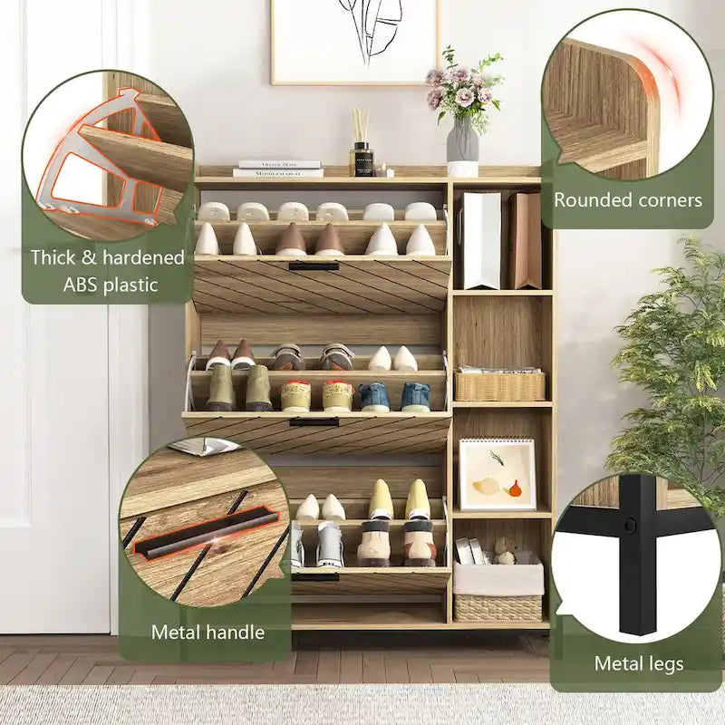 Meuble à chaussures avec 3 tiroirs basculants et étagères ouvertes, meuble de rangement à chaussures moderne et fin pour entrée, range-chaussures étroit caché