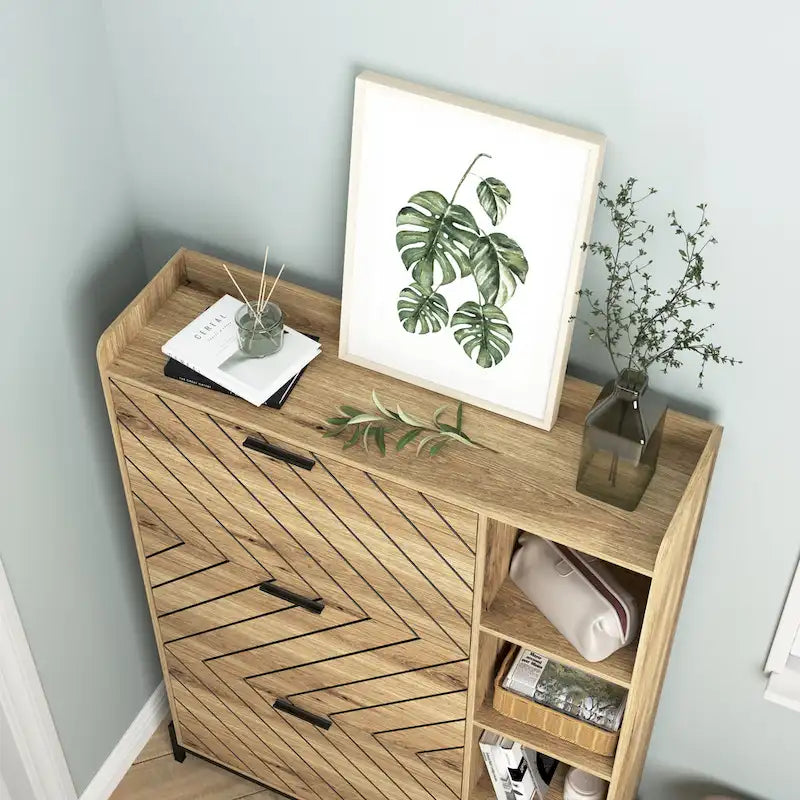Meuble à chaussures avec 3 tiroirs basculants et étagères ouvertes, meuble de rangement à chaussures moderne et fin pour entrée, range-chaussures étroit caché