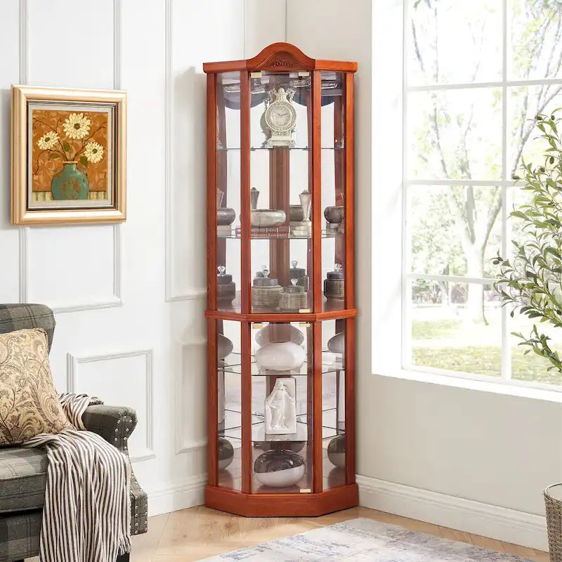 Vitrine d'angle éclairée avec tablettes en verre réglables et décor sculpté