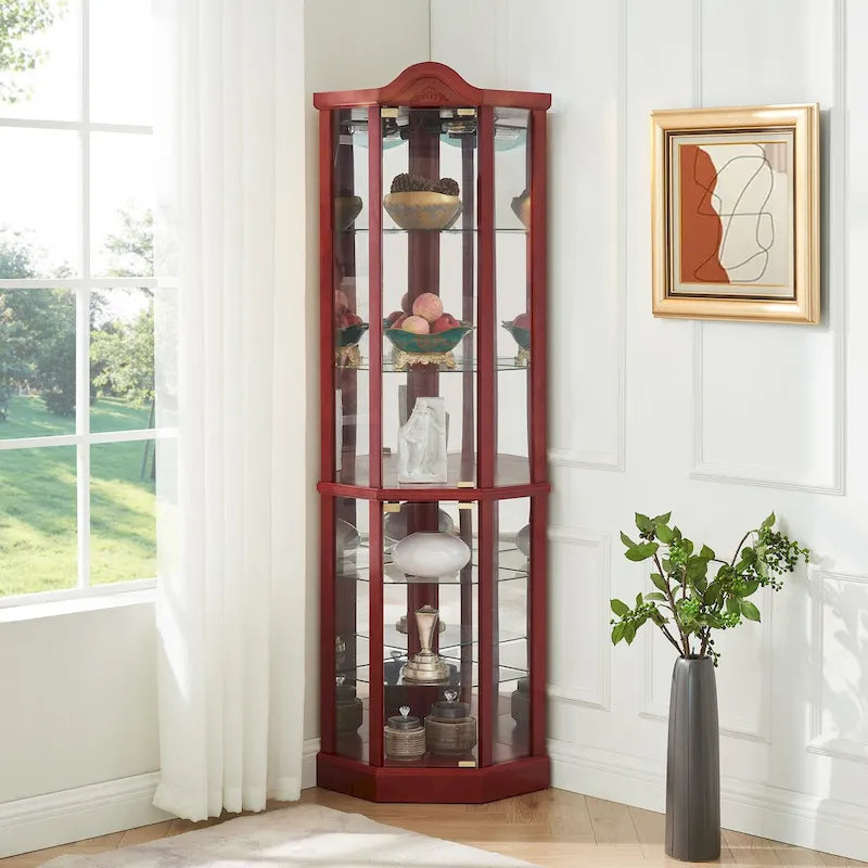 Vitrine d'angle éclairée avec tablettes en verre réglables et décor sculpté