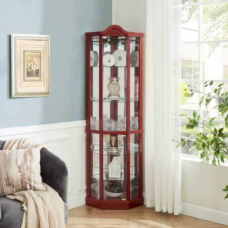 Vitrine d'angle éclairée avec tablettes en verre réglables et décor sculpté
