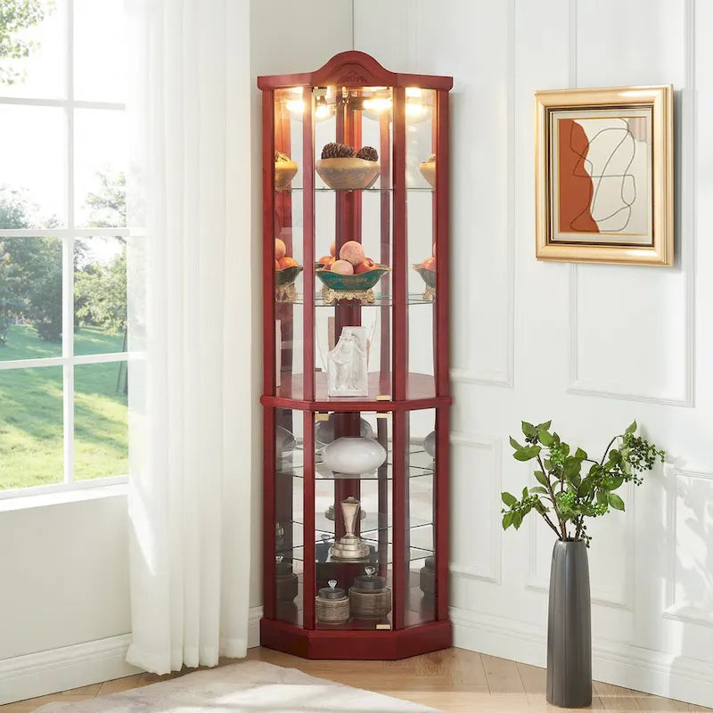 Vitrine d'angle éclairée avec tablettes en verre réglables et décor sculpté