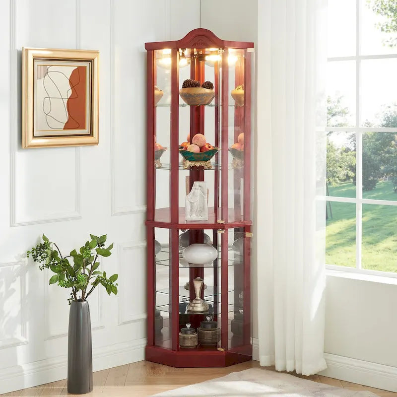 Vitrine d'angle éclairée avec tablettes en verre réglables et décor sculpté