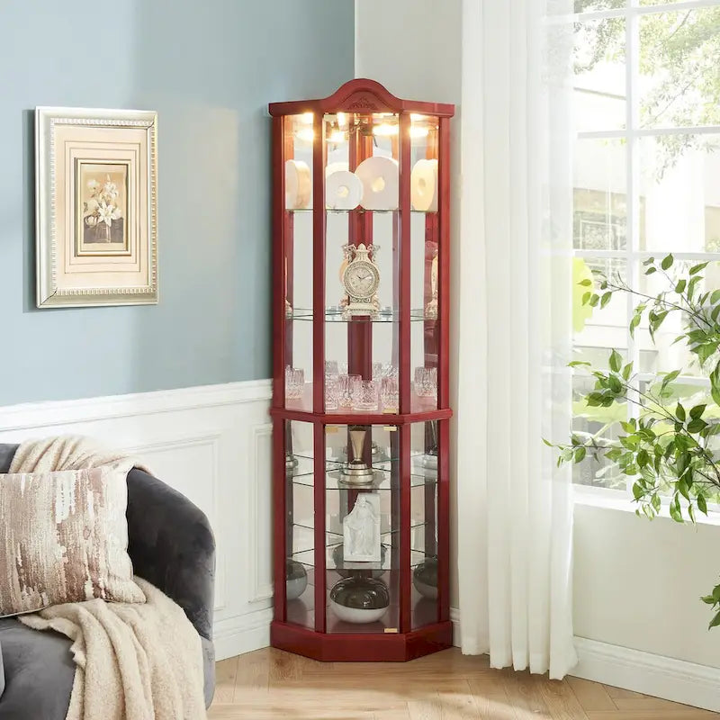 Vitrine d'angle éclairée avec tablettes en verre réglables et décor sculpté