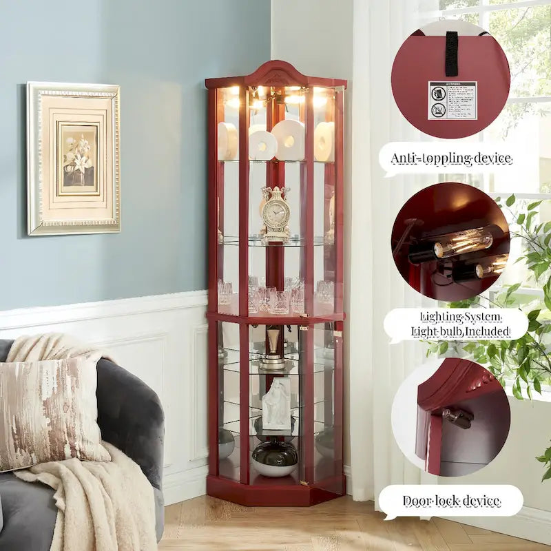 Vitrine d'angle éclairée avec tablettes en verre réglables et décor sculpté