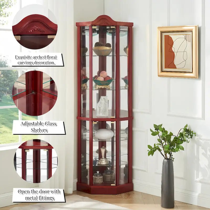 Vitrine d'angle éclairée avec tablettes en verre réglables et décor sculpté