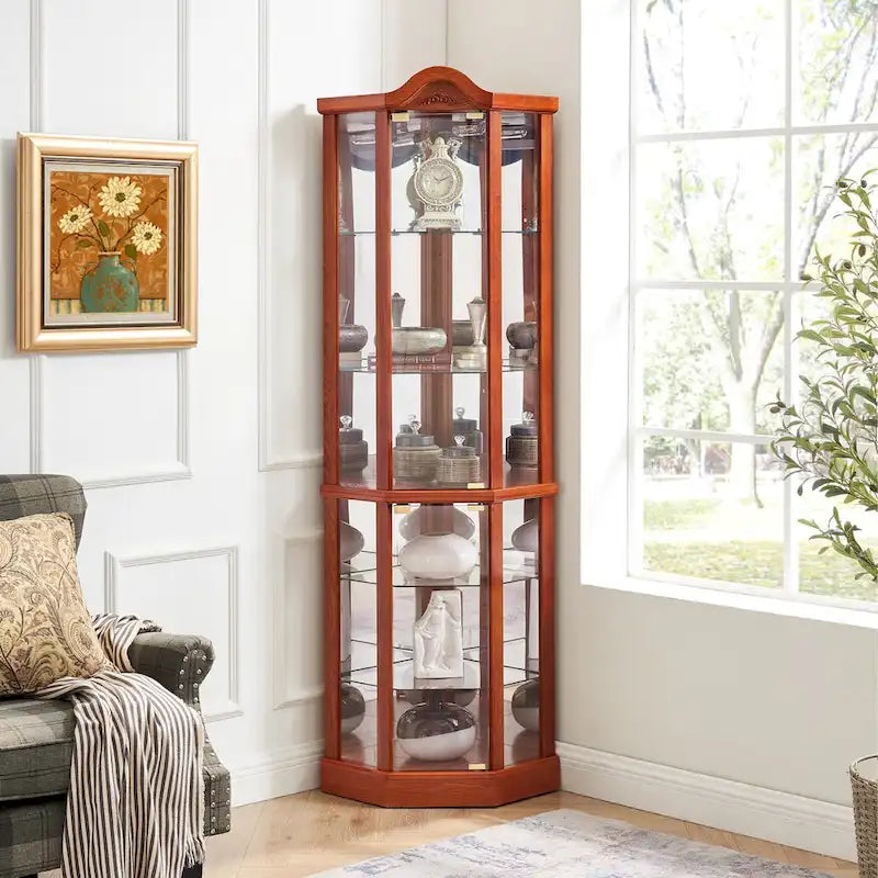 Vitrine d'angle éclairée avec tablettes en verre réglables et décor sculpté