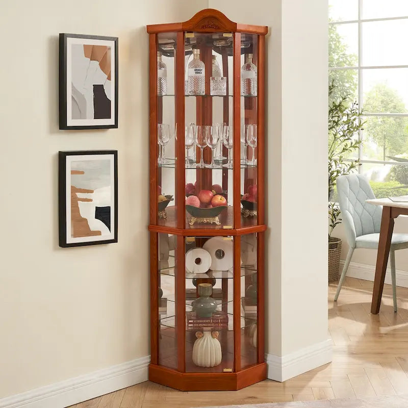 Vitrine d'angle éclairée avec tablettes en verre réglables et décor sculpté