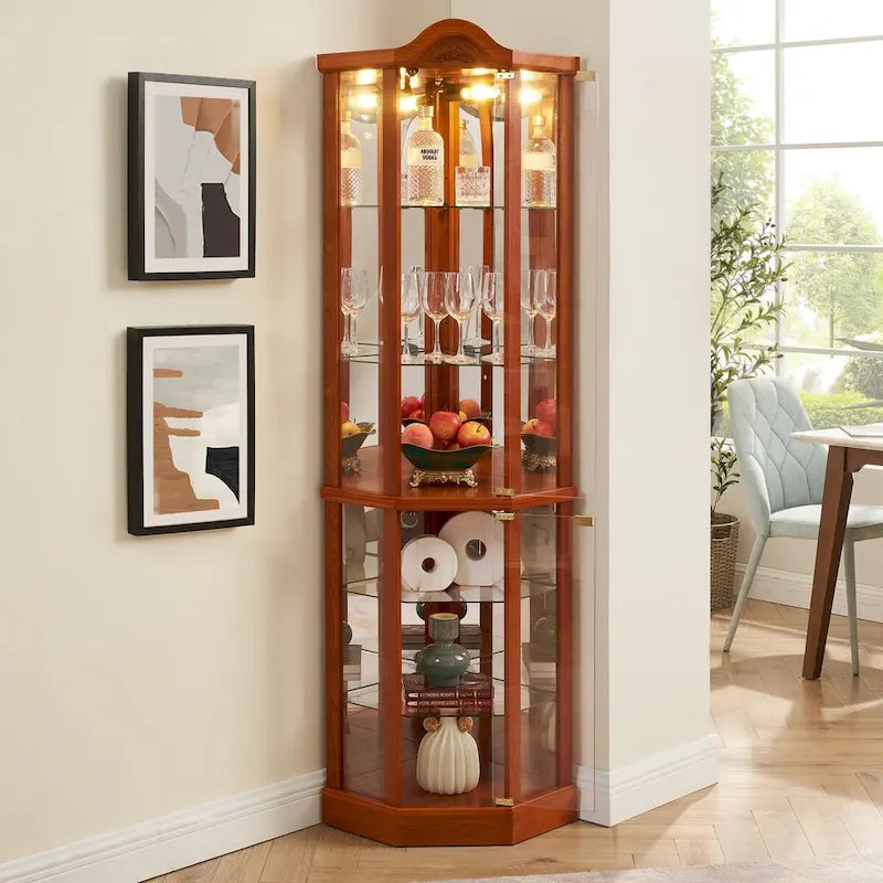 Vitrine d'angle éclairée avec tablettes en verre réglables et décor sculpté