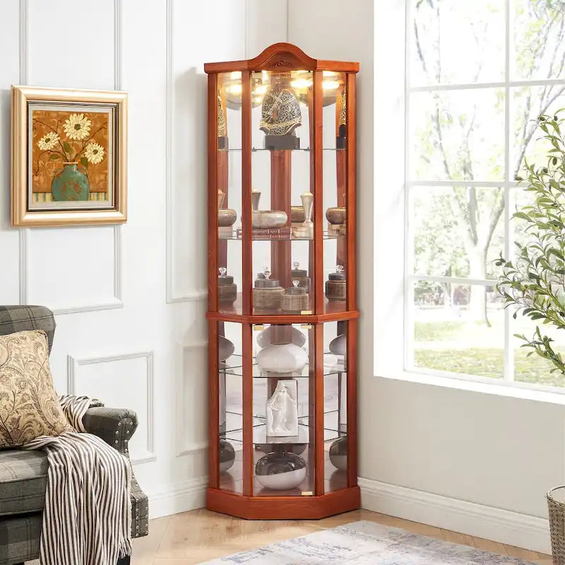 Vitrine d'angle éclairée avec tablettes en verre réglables et décor sculpté