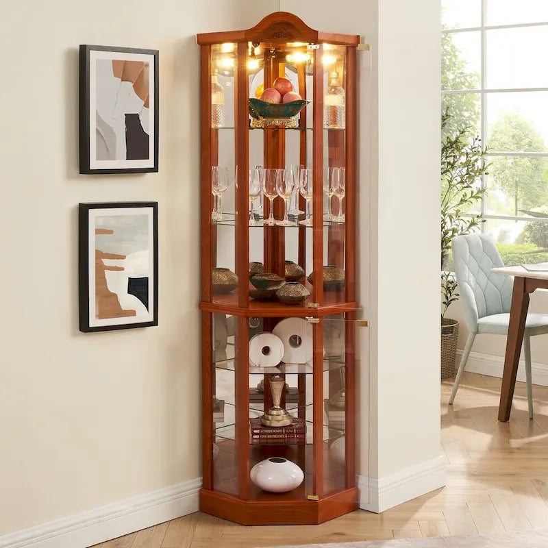 Vitrine d'angle éclairée avec tablettes en verre réglables et décor sculpté