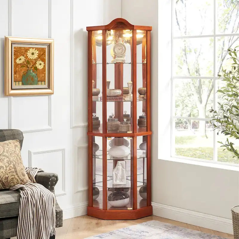 Vitrine d'angle éclairée avec tablettes en verre réglables et décor sculpté