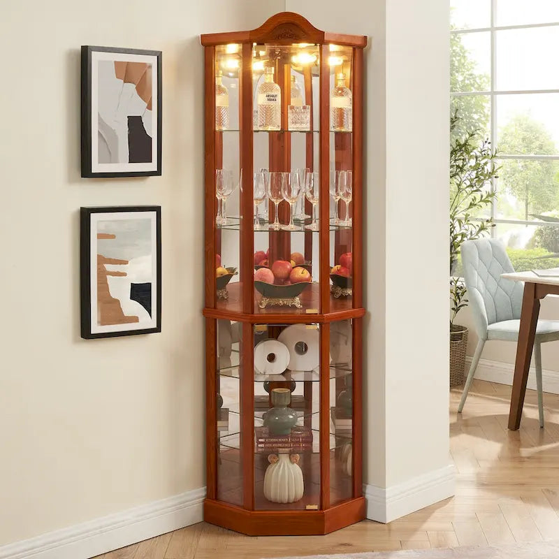 Vitrine d'angle éclairée avec tablettes en verre réglables et décor sculpté