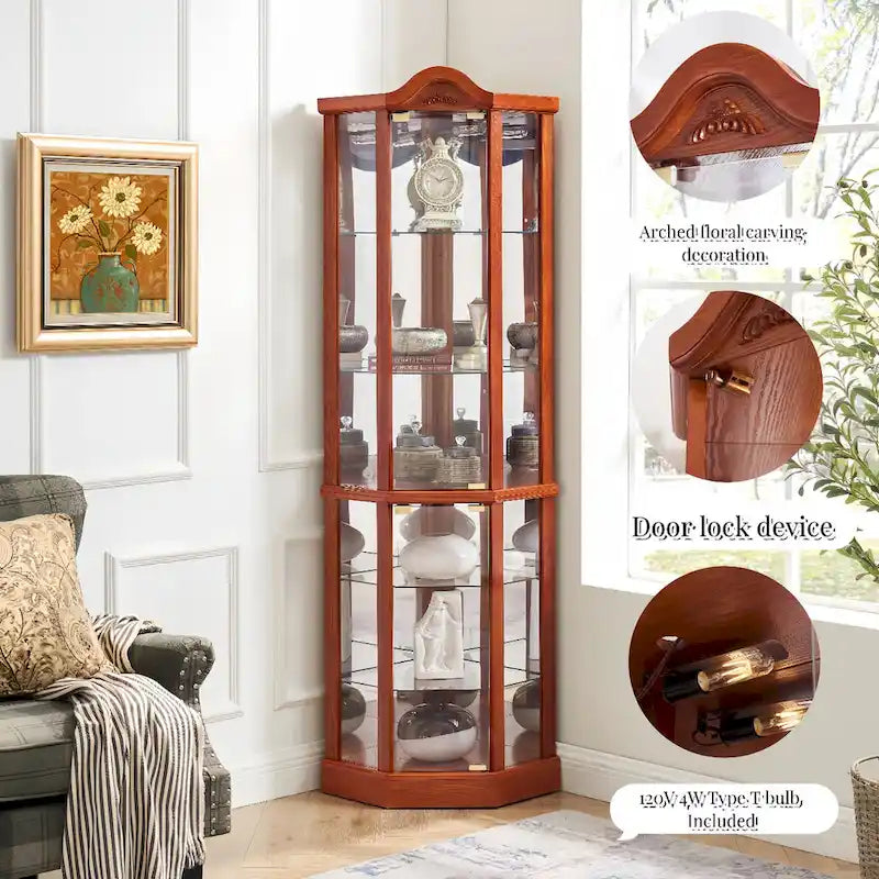 Vitrine d'angle éclairée avec tablettes en verre réglables et décor sculpté